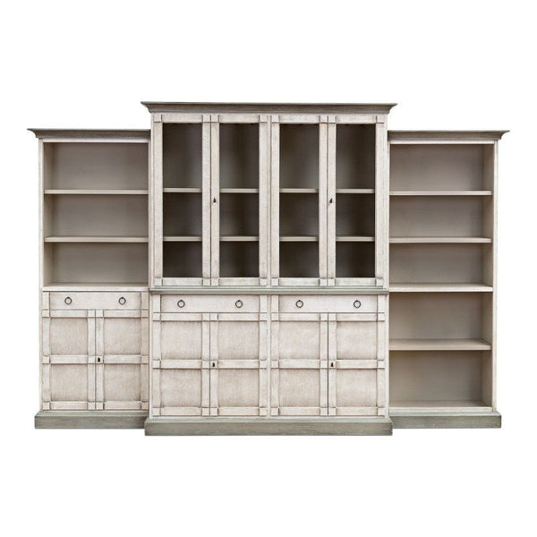 The 4 Piece Full Wall Unit Bookcase by Sarreid, styled in a transitional design, is crafted from solid pine and features a distressed white and grey finish. This large bookcase includes a central unit with glass-paneled doors, four closed cabinets below, and matching open shelving units on each side for ample storage.