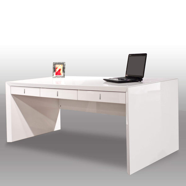 Front side view of the Sharelle Bellini White Lacquer Desk showing the three doors with chrome handles and white lacquer finish.