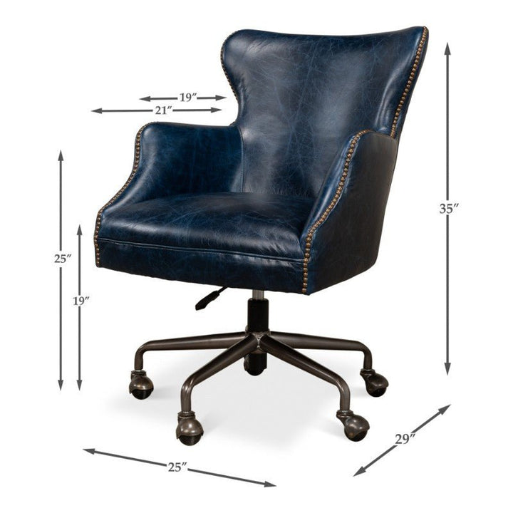 The Andrew Jackson Desk Chair in Chateau Blue by Sarreid is a stylish swivel office chair featuring pure aniline top-grade cowhide leather, nailhead trim, and a high back. It boasts padded armrests and a sturdy metal base with wheels. Dimensions: 35" height, 21" seat width, 19" seat depth, 25" armrest height, and a 25"x29" base.