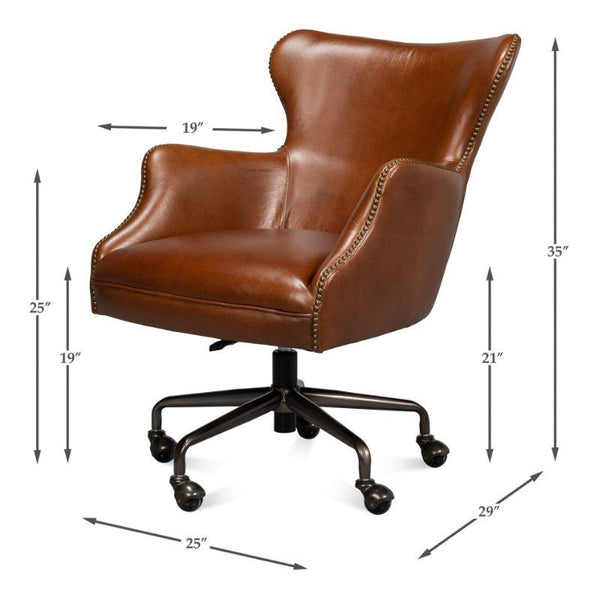 The Andrew Jackson Desk Chair in Havana Leather by Sarreid combines vintage charm with modern functionality, featuring a high back, armrests, and brass nailhead trim accents along the edges. This stylish chair is equipped with a swivel base on five caster wheels. Dimensions: 35" high, 19" wide arms, 21" seat height, 25" arm height, 25" seat depth, and 29" length.