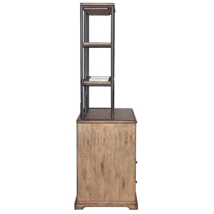 A wooden cabinet with a rustic finish, featuring a narrow vertical metal frame on top. The Fairfield Chair Arcadian Lateral File Cabinet combines modern functionality with rustic charm, showcasing three shelves supported by the cabinet below. The side view highlights its height and structure beautifully.