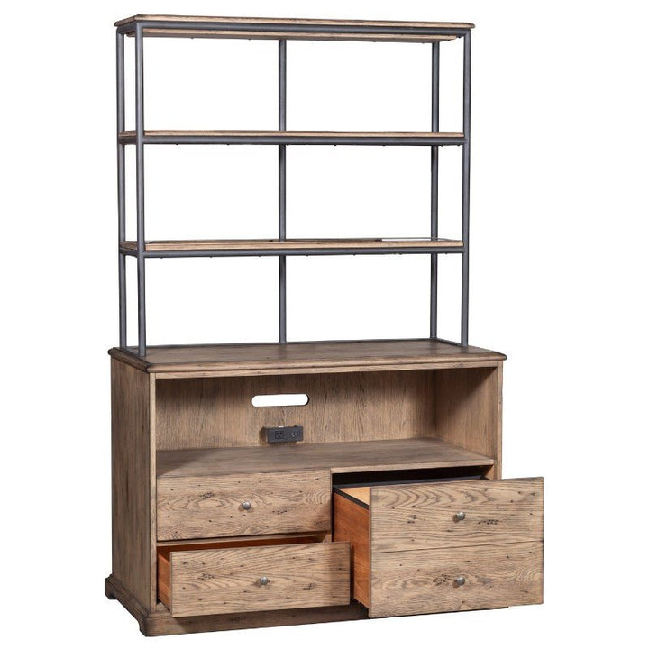 The Arcadian Lateral File Cabinet by Fairfield Chair showcases rustic charm with its wooden hutch and open shelf design. The top features three open shelves framed in metal, offering a modern touch, while the bottom part includes a cabinet space with two open drawers and one slightly ajar drawer, all adorned with metal knob handles. A perfect blend of rustic charm and modern functionality.