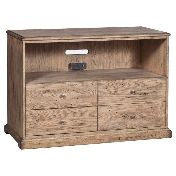 The Arcadian Lateral File Cabinet by Fairfield Chair exudes rustic charm with its natural, slightly distressed wooden finish. It features a spacious open shelf with a cutout for cables and an integrated power outlet, offering modern functionality. Below the shelf are two drawers, each equipped with dual knobs for added storage space.