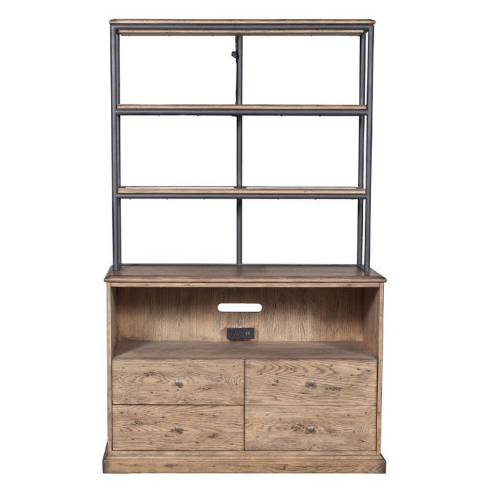 The Arcadian Lateral File Cabinet by Fairfield Chair combines rustic charm and modern functionality with its natural wooden finish. This versatile storage unit features two drawers at the bottom, one open shelf in the middle, an inset back panel with electrical outlets, and a black metal frame that supports two additional open shelves on top.