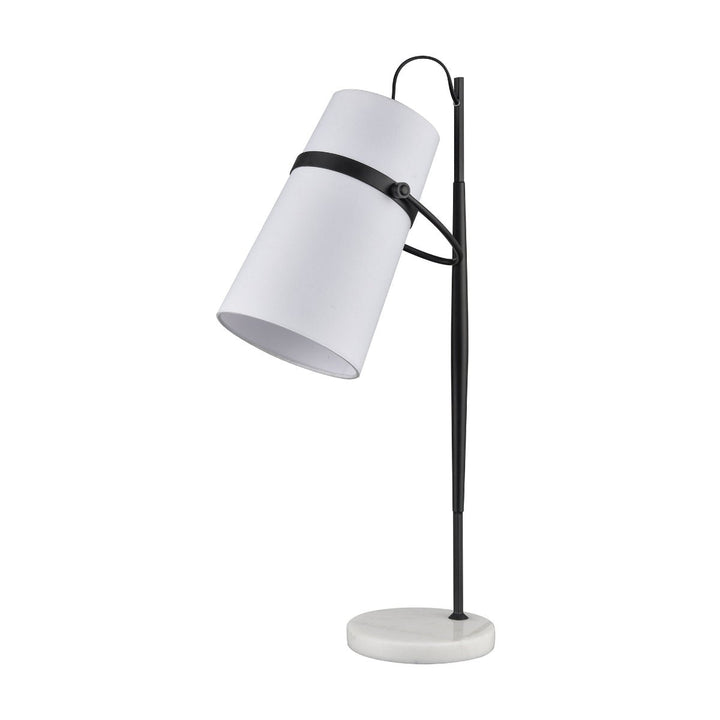 The Elite Home Office Banded Shade 28'' High 1-Light Desk Lamp effortlessly combines modern appeal with retro charm, featuring a white, cone-shaped shade and a black adjustable arm. Its sleek black stand perfectly complements the round white marble base, adding timeless elegance to any space.