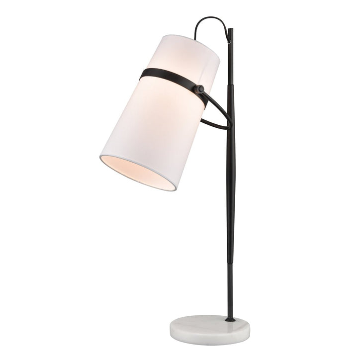 The Banded Shade 28'' High 1-Light Desk Lamp by Elite Home Office showcases a modern Mid-Century style with its cylindrical white shade perched on a sleek black metal stand. Its round marble base introduces a minimalist yet stylish element, effortlessly merging classic elegance with contemporary design.