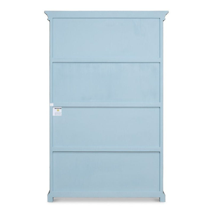 The Banner Bungalow Bookcase by Sarreid, an upright light blue bookshelf crafted from Russian pine, features three shelves and a solid back panel. With its simple, clean lines, it stands gracefully on a white background.