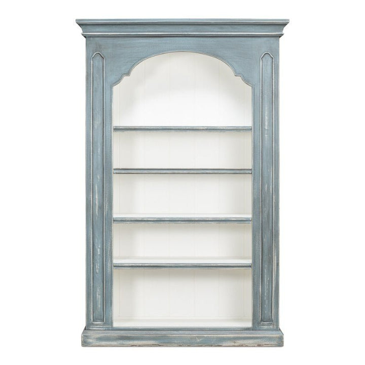 The Banner Bungalow Bookcase by Sarreid is a vintage-style, tall blue bookshelf with a distressed finish. It features an arched top frame and five evenly spaced shelves made of Russian pine. The white-painted interior provides a striking contrast to the blue exterior, exuding rustic charm ideal for creating a cozy space.