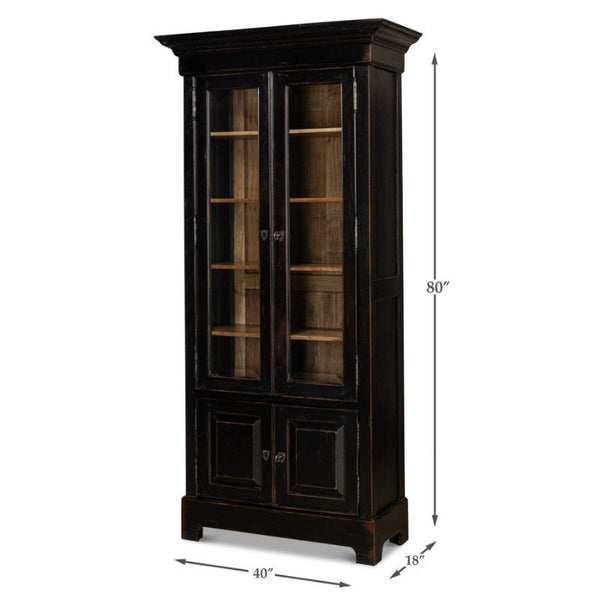 The Sarreid Bookcase in Ebony Finish features an elegant design with glass-paneled upper doors and solid lower doors. It includes three adjustable shelves inside, stands 80" tall, is 40" wide, and has a depth of 18".