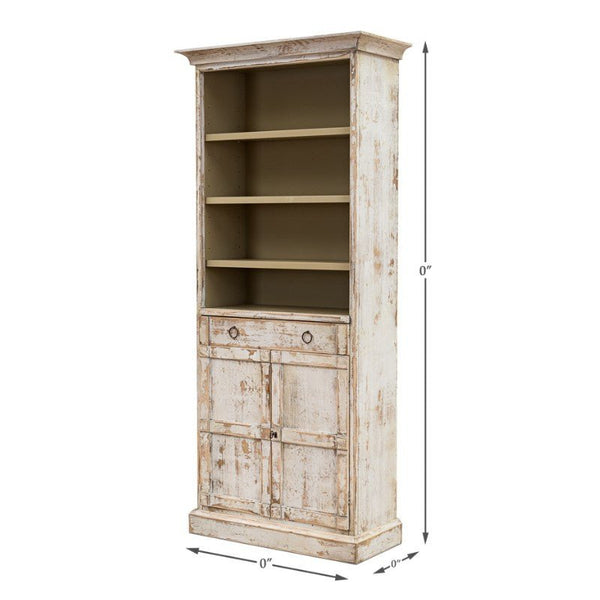 The Sarreid Bookcase With Doors in Disrupted White is a tall, rustic piece with a distressed finish. It features three open shelves, two small drawers with knobs in the middle, and a double-door cabinet at the bottom. Measurement markings are shown along the sides.