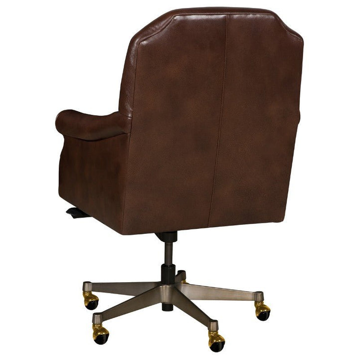 The Chase Office Swivel Chair by Fairfield Chair, crafted in buttery-soft aniline leather with brass nail head trim, features padded armrests and a five-star metal base with caster wheels for mobility. Shown from the back, its brown hue and luxurious design make it a statement piece for any office.