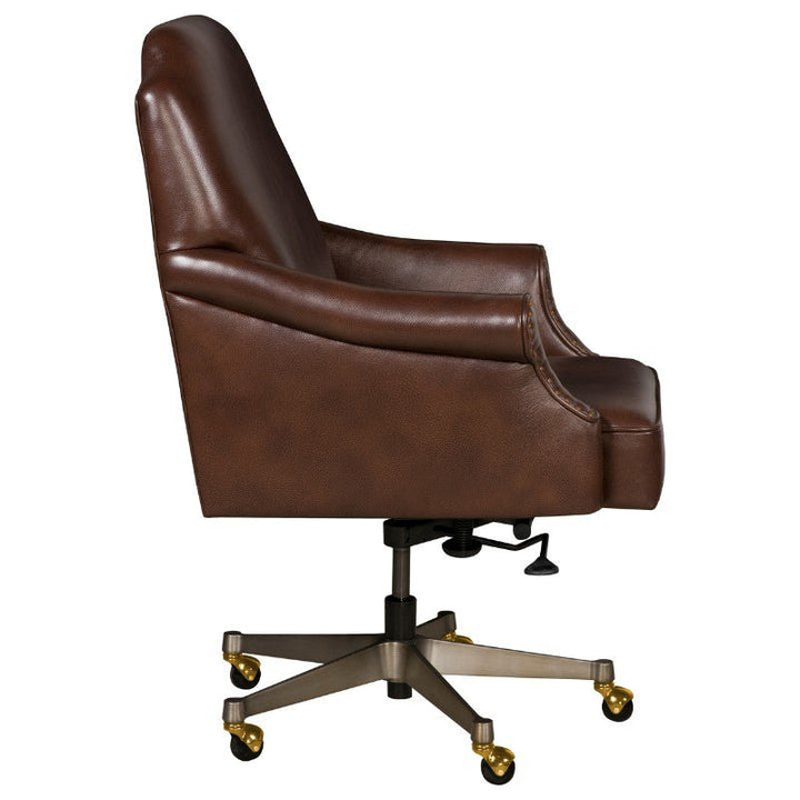 Side view of the Chase Office Swivel Chair - Fairfield Chair featuring a high backrest. This chair from Fairfield Chair boasts buttery-soft aniline leather, padded armrests, adjustable height settings, and a five-wheel base on a silver frame with gold-accented wheels for enhanced mobility.