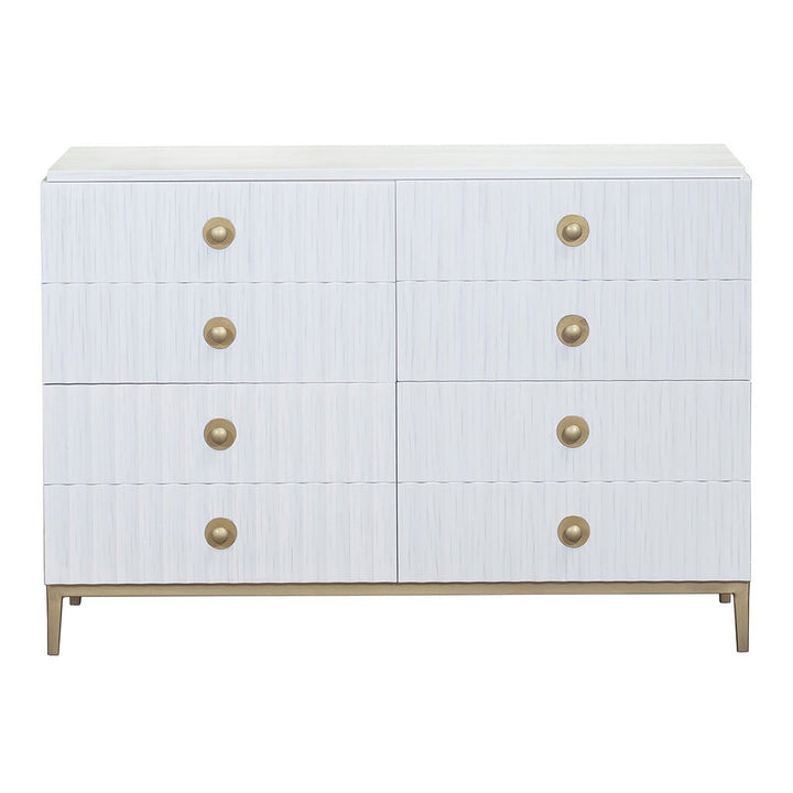 The East Camden Lateral File Cabinet by Fairfield Chair is a modern piece in white with a textured surface. It features six spacious drawers arranged in two columns, each adorned with large, round knobs in antique brass hardware. The cabinet stands on short gold legs, exuding casual elegance.