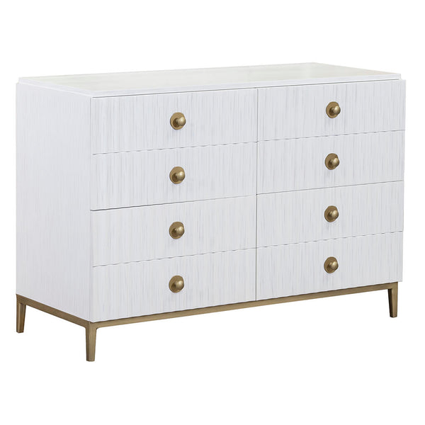 Introducing the East Camden Lateral File Cabinet by Fairfield Chair: A sleek white file cabinet featuring eight spacious drawers, each adorned with a single round antique brass knob. The cabinet stands on short, tapered brass legs and showcases a subtle linear texture across its front surface. This design beautifully blends contemporary minimalism with casual elegance.