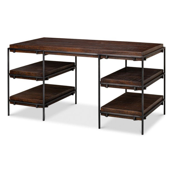 The Ernest Desk by Sarreid features a 60-inch rectangular top made of rich mango wood, complemented by matching shelves on both sides. The desk is supported by a sturdy black metal frame, enhancing its industrial aesthetic. It includes two convenient shelves on each side located beneath the tabletop.