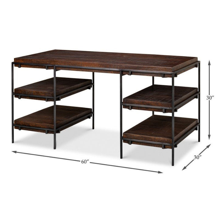 The Sarreid Ernest Desk is a rectangular piece made from mango wood and iron, featuring a black metal frame with four shelves on each side. Measuring 60 inches in length, 30 inches in depth, and 30 inches in height, this home office desk boasts an industrial and minimalistic design.