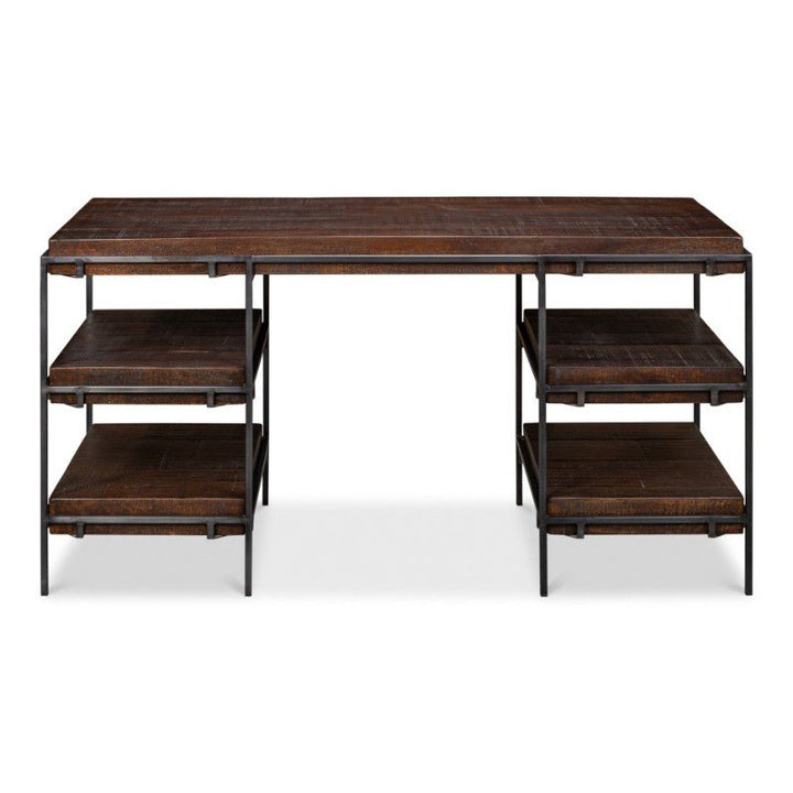 The Ernest Desk by Sarreid, measuring 60 inches, showcases a large rectangular top crafted from rich mango wood and rests on a sturdy black iron frame. It includes two sets of open shelving units on either side, each featuring three shelves. Ideal as an industrial home office desk, this piece seamlessly blends rustic wood with sleek metal elements.