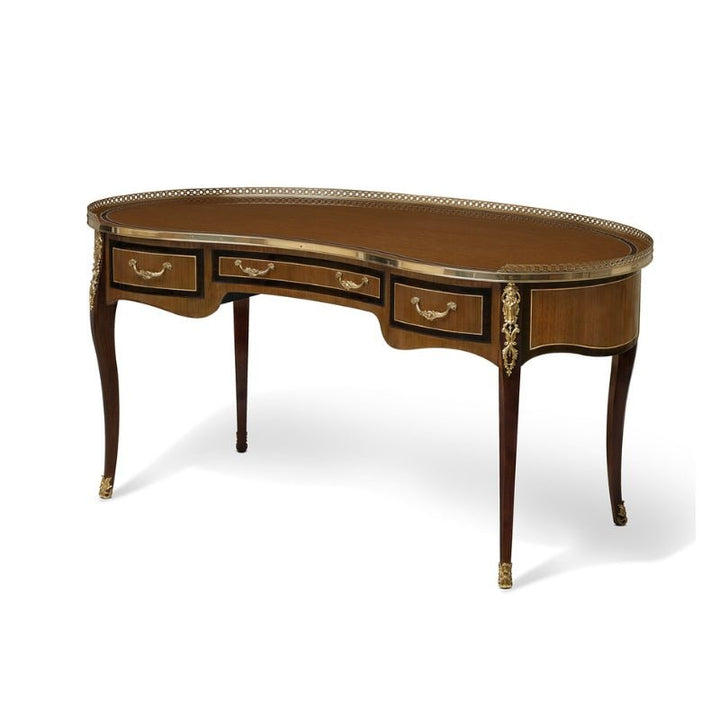 The Eucalyptus Lady's Kidney Writing Desk from Aston Court is an exquisite, antique piece boasting a luxurious eucalyptus wood surface and ornate gold detailing. It features three drawers with elegant brass accents and intricate carvings on the gracefully curved legs, perfectly blending elegance with vintage design.