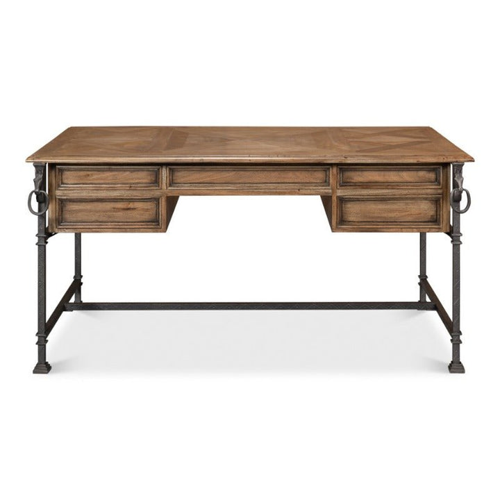 An elegant desk crafted from reclaimed old wood with a smooth surface, featuring five drawers (two on each side and one in the center), and black metal legs. The Game Of Thornes Desk - Sarreid by Sarreid boasts a classic design with ring handles on each drawer, effortlessly blending traditional and modern elements.