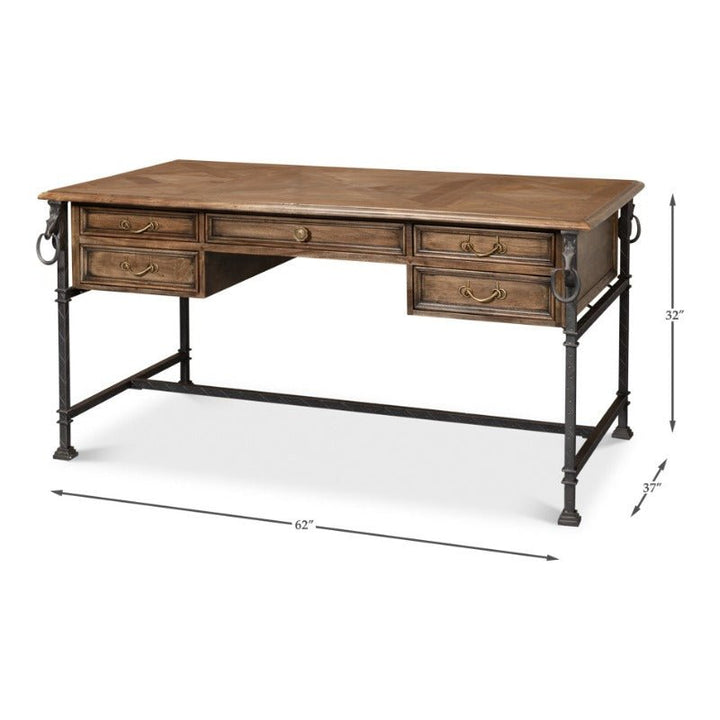 The Sarreid "Game Of Thornes Desk" features a distinctive design incorporating a natural finish and black metal framework. Crafted from reclaimed old wood, this piece boasts a flat rectangular top, five drawers with metal handles, and metal rings on each side. Measuring 32 inches high, 62 inches wide, and 37 inches deep.