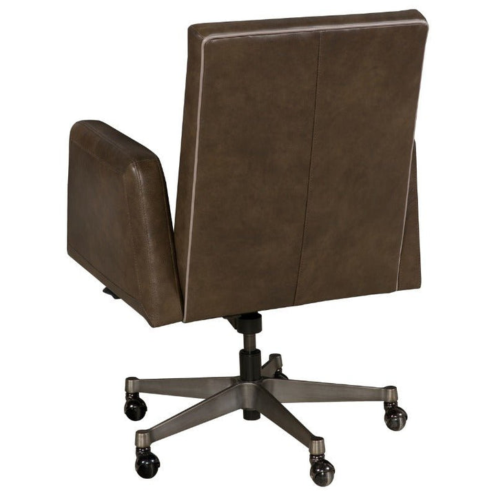 A Gherkin Office Swivel Chair - Fairfield Chair by Fairfield Chair is shown from the back. This brown chair, crafted with smooth aniline leather, features a padded backrest and armrests, five caster wheels, and a metal base. Its slightly glossy finish complements its modern design.