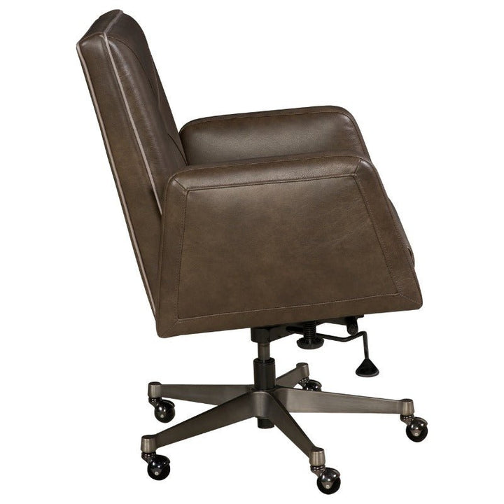 Side view of the Gherkin Office Swivel Chair - Fairfield Chair from Fairfield Chair in rich brown aniline leather, showcasing a cushioned backrest and seat on a contemporary five-star metal base with caster wheels and adjustable height.