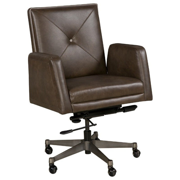 A dark brown aniline leather Gherkin Office Swivel Chair by Fairfield Chair featuring padded armrests, a tufted backrest with a single button, and a modern, angular design. The chair includes an adjustable height lever and sits on a black, five-wheel base.