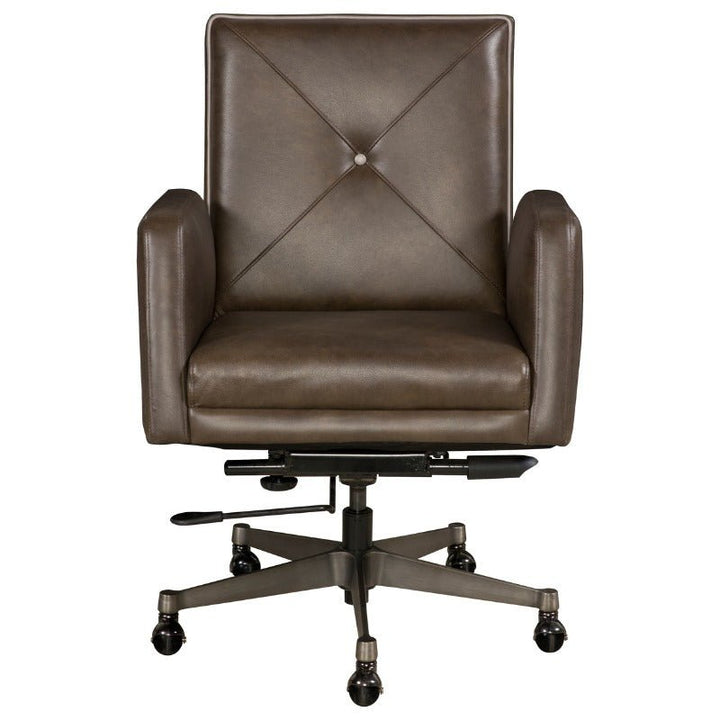 Front view of the Gherkin Office Swivel Chair - Fairfield Chair by Fairfield Chair, a modern design crafted from luxurious aniline leather with a cushioned seat and backrest featuring a diamond-tufted pattern. The chair has armrests, an adjustable height lever, and sits on a five-wheel metal base.