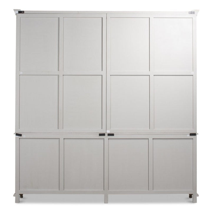 This image features the Harper Glass Front Bookcase by Sarreid. This elegant bookcase boasts a large, light gray design with paneled detailing and multiple rectangular sections forming its glass doors. Securing latches on its upper and lower sections provide ample storage, making it both stylish and functional. The bookcase is positioned against a plain white background.