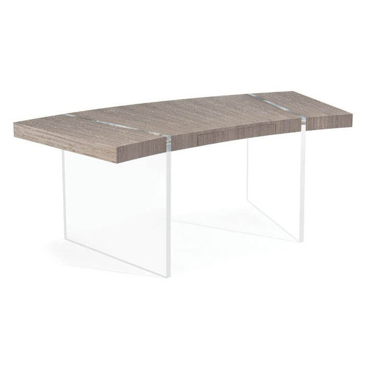 The John Richard Clichy Desk 77" by John Richard is a luxury home office desk with a rectangular wooden top and a natural wood texture. Supported by two clear polymer legs, this modern piece features a gray figured eucalyptus finish. The tabletop appears divided into three sections with visible silver joints, adding to its sophisticated design.