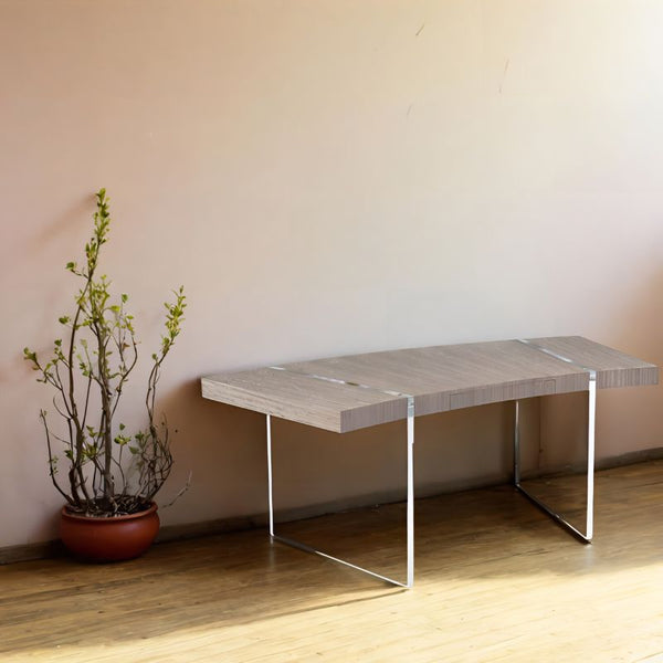 A minimalist room features the John Richard Clichy Desk 77” by John Richard, showcasing a sleek, modern wooden surface in a gray figured eucalyptus finish, supported by clear acrylic legs, positioned against a light-colored wall. To the left on the floor is a potted plant with sparse green leaves, adding a touch of nature to the space.