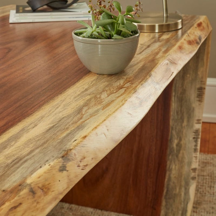 A close-up of the refined craftsmanship of the Live Edge Natural Guanacaste Waterfall Desk 54" with an acrylic base by Fairfield Chair, showcasing its rich wood grain and textures. On the desk, there's a small potted succulent plant, a brass table lamp, and scattered papers and books. The modern acrylic base adds an elegant touch to the piece.