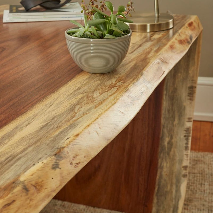 A close-up of the Fairfield Chair Live Edge Natural Guanacaste Waterfall Desk 54" - Trapezoid Base crafted from rich Guanacaste wood. On the desk is a small potted succulent plant in a gray ribbed pot. The setting includes partial views of a book and a brass-colored lamp, all atop the striking wooden surface with its unique trapezoid base.