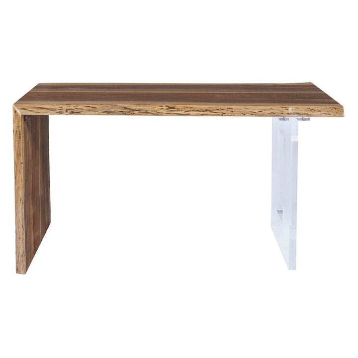 The Live Edge Walnut Waterfall Desk 54" - Acrylic Base by Fairfield Chair is a modern wooden desk with a thick, polished wood surface and a unique asymmetrical design that features one transparent acrylic leg and one solid wood leg. This desk showcases premium craftsmanship and offers a minimalist, contemporary aesthetic.