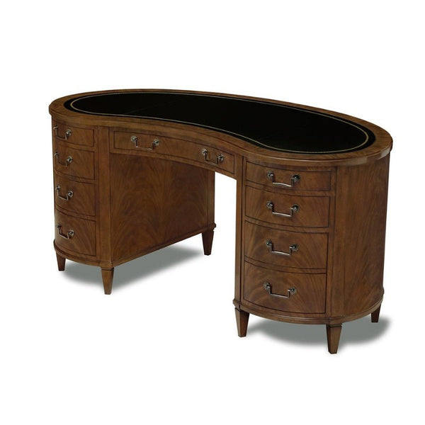 The Mahogany Kidney Desk from Aston Court boasts a vintage design with a polished finish and a sleek black leather inlay on the top surface. This luxury pedestal desk features six drawers, three on each side, along with a central drawer, all enhanced by decorative metal handles.