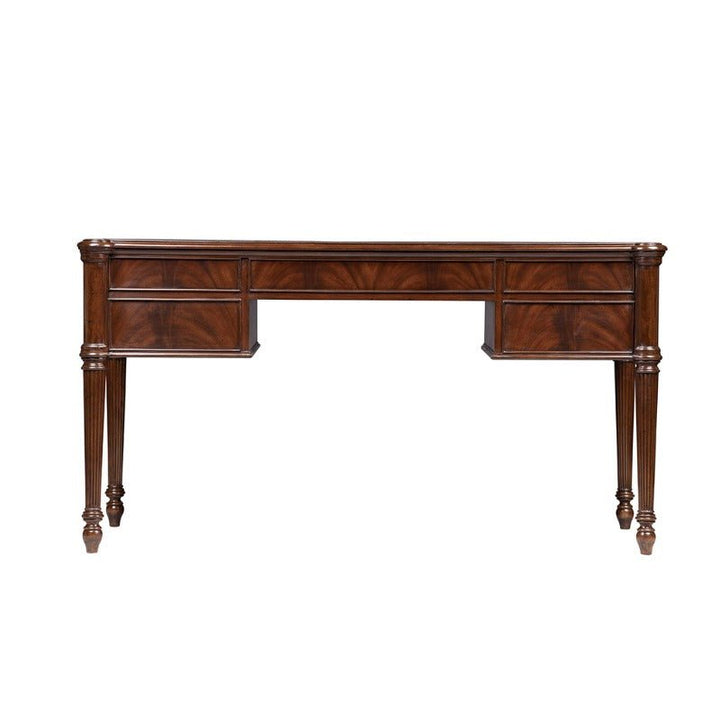 The Mahogany Lady's Desk by Aston Court features a vintage design with four drawers and tapered legs, highlighted by intricate wood grain patterns and fluted detailing. It is finished in a rich, antique brown leather and includes a spacious central open area for an elegant touch.