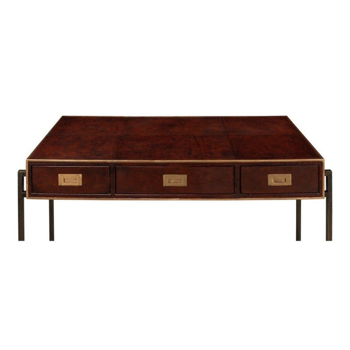 The Sarreid Old Leather Desk features a 49-inch polished, dark wooden top with a minimalist design supported by an iron frame. This rectangular desk includes three drawers, each adorned with brass handles, and showcases a transitional style that blends classic and modern elements seamlessly.