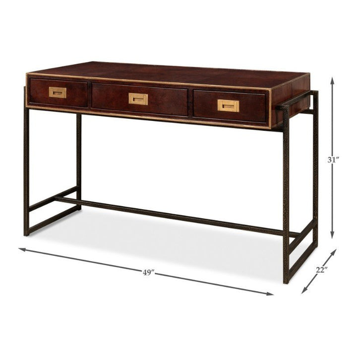 The Sarreid Old Leather Desk, Iron Frame, 49", features a wooden construction with three drawers and metal handles. It includes a sleek, minimalist black iron frame and a hand-colored leather top that adds a touch of sophistication. This transitional style desk measures 49 inches in width, 22 inches in depth, and 31 inches in height.