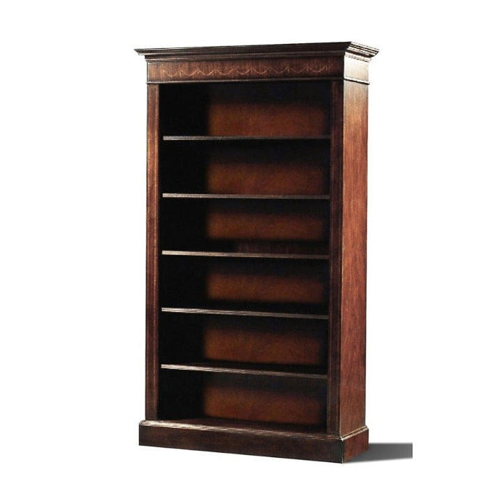 The Open Mahogany Bookcase by Aston Court is a tall, dark wooden bookshelf featuring five evenly spaced shelves and an ornate crown molding at the top. Its rich, dark finish exemplifies elegant craftsmanship, providing generous storage while standing alone against a white background. This bookcase exudes a classic and refined appearance.