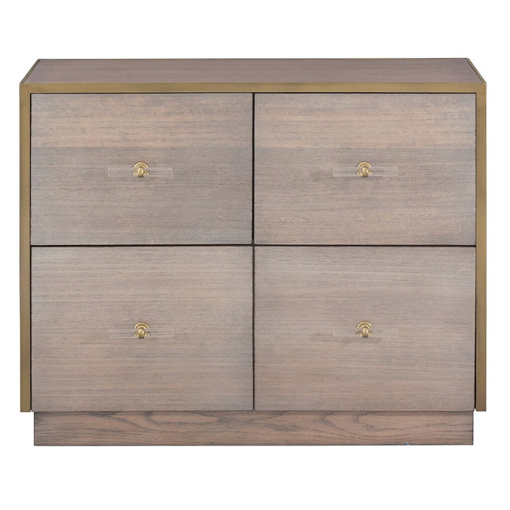 A modern, minimalist wooden chest of drawers with a brass border and four drawers, finished in eucalyptus wood. Each drawer features a small gold handle and a subtle wood grain finish. The sleek and contemporary design of this piece is reminiscent of the Park Avenue Lateral File Cabinet by Fairfield Chair.