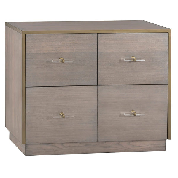 The Park Avenue Lateral File Cabinet by Fairfield Chair is a sophisticated storage solution featuring four equal-sized drawers. Each drawer is adorned with a modern gold and acrylic handle, while the edges of the cabinet are highlighted with a thin gold trim, adding a stylish touch to the overall design. Crafted from eucalyptus wood, it boasts a light gray-brown finish reminiscent of Grecian Clay.