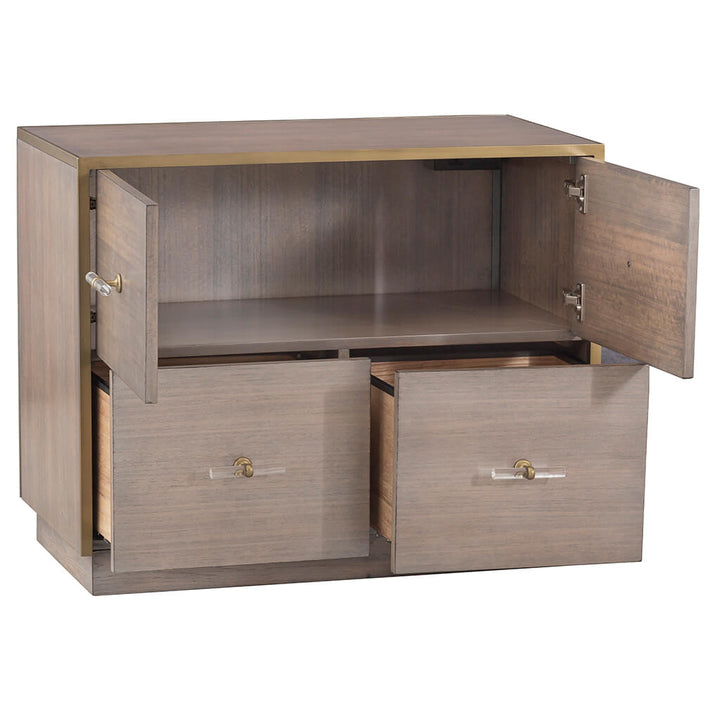 The Park Avenue Lateral File Cabinet by Fairfield Chair is a wooden cabinet with a rectangular shape and a Grecian Clay finish, complemented by a slightly darker top. The cabinet features two open doors on the upper section and two open drawers on the lower section, all equipped with metallic handles. The interior is empty and shelf-less, adding to its refined, elegant design.