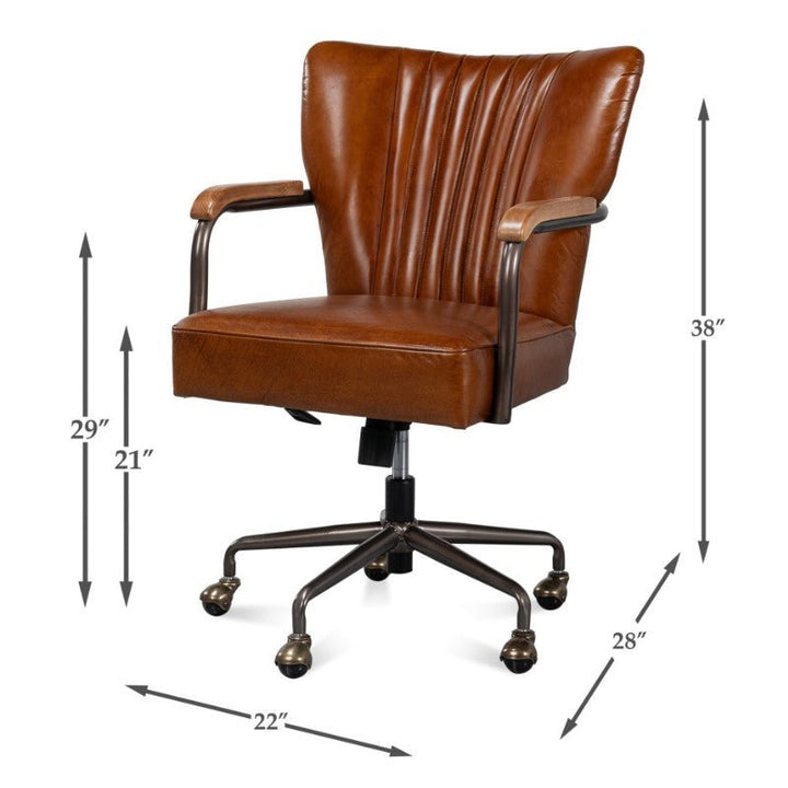 The Parker Office Chair in Vintage Havana Leather by Sarreid is designed with metal armrests and caster wheels. Made from top-grain cow leather, it features vertical stitching on the backrest and offers adjustable height. Its dimensions are as follows: 29" armrest height, 21" seat height, 22" width, 28" base width, and 38" total height.