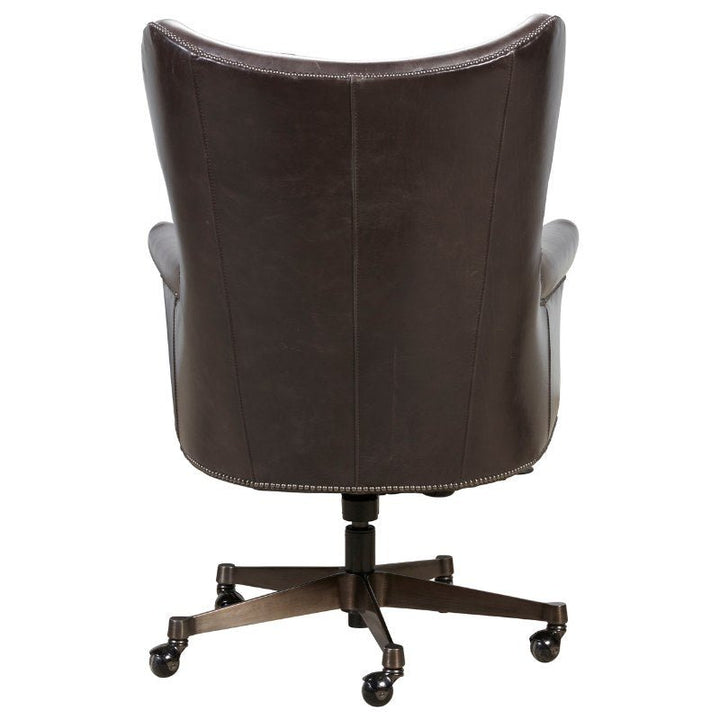 A dark brown Plaza 66 Office Swivel Chair - Fairfield Chair shown from the back. The chair features a curved, padded backrest with visible stitching lines, padded armrests, and a sophisticated five-point metal base with rolling casters.