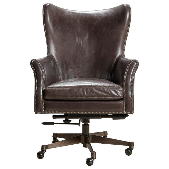 The Plaza 66 Office Swivel Chair - Fairfield Chair by Fairfield Chair is a dark brown aniline leather office chair with a high backrest and winged sides. It features nailhead trim, padded armrests, and a cushioned seat. With an adjustable height lever and a five-wheel base for mobility, it adds a sophisticated touch to any workspace.