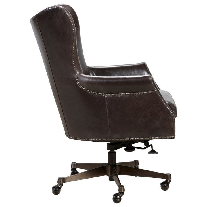 Side view of the Plaza 66 Office Swivel Chair - Fairfield Chair in brown aniline leather with a high back, armrests, and nailhead trim. The chair features a five-point base with caster wheels and adjustable levers underneath, adding a sophisticated touch to any office setting.