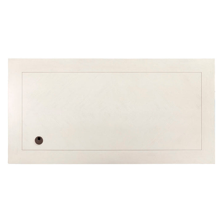 A rectangular white shower base with a simple, smooth surface. It features a small circular drain hole positioned near one corner. The shower base has a beveled edge and clean design reminiscent of the refined details you'd find on a Portofino Desk - Fairfield Chair, making it suitable for a modern bathroom.