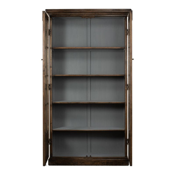 An open wooden cabinet with a dark brown finish, showcasing five evenly spaced shelves against a muted grey interior. The Refined Arches Tall Bookcase by Sarreid stands empty, highlighting its ample storage capacity and minimalist design.