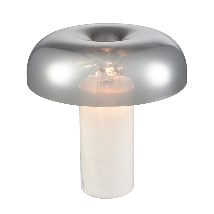 Introducing the Regina 13.5'' High 2-Light Desk Lamp by Elk Home, featuring a sleek design with a marble base and a glossy metallic glass shade in the shape of a mushroom. When illuminated, it casts a warm glow through its diffuser.