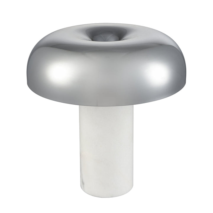 The Regina 13.5'' High 2-Light Desk Lamp by Elk Home features a shiny, smooth metallic mushroom-like shape with a reflective surface and elegantly sits atop a cylindrical white base, set against a plain background.